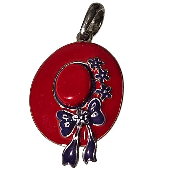 Vintage Red Hat Society Enamel Pendant Purple Bow Flowers Charm DIY Jewelry - Picture 1 of 4